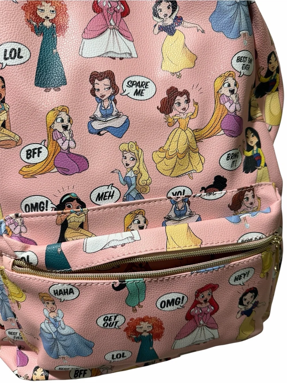 NWT Disney Princess Pink Backpack Comic Print Faux Leather Bookbag